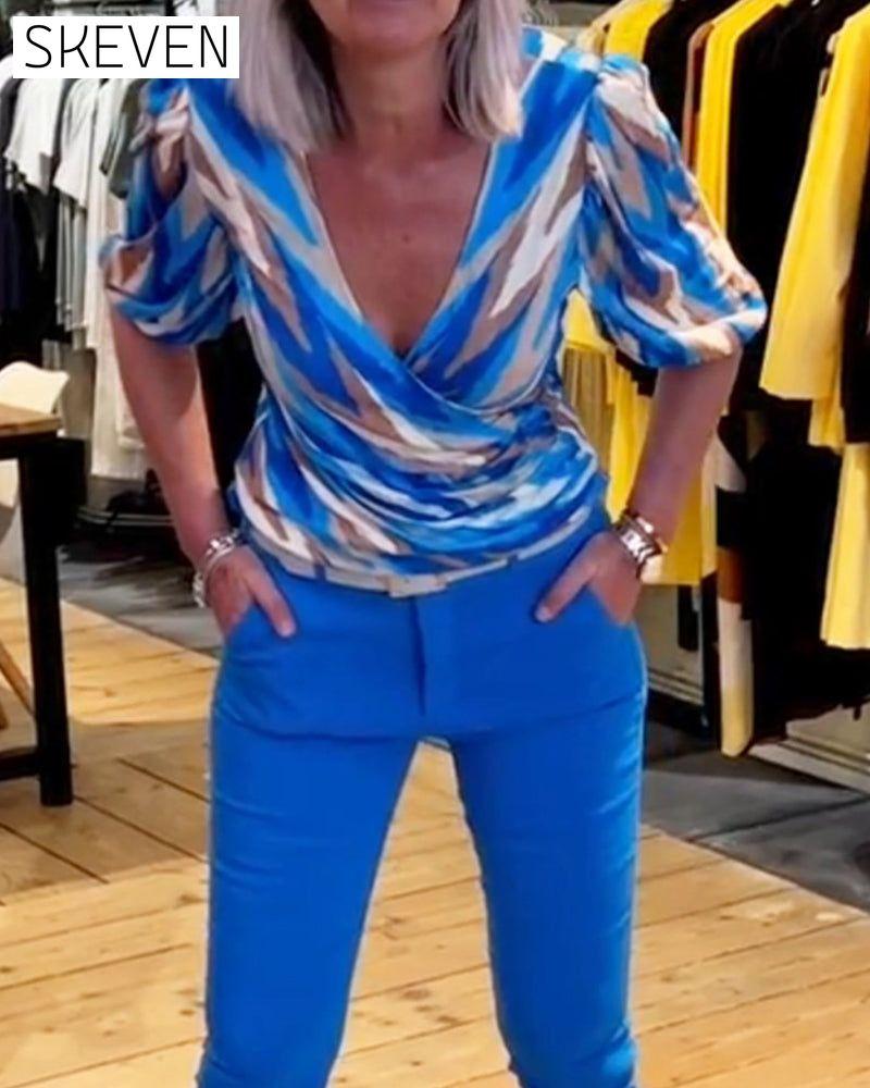 Printed casual deep V top