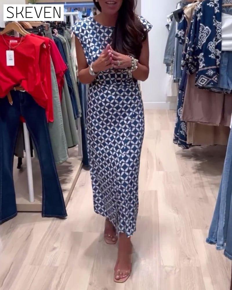 Geometric print round neck sleeveless elegant dress