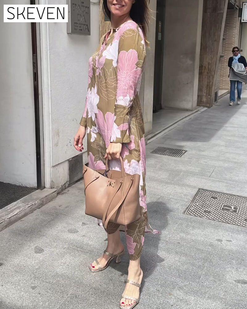 Casual floral print long sleeve slit maxi dress