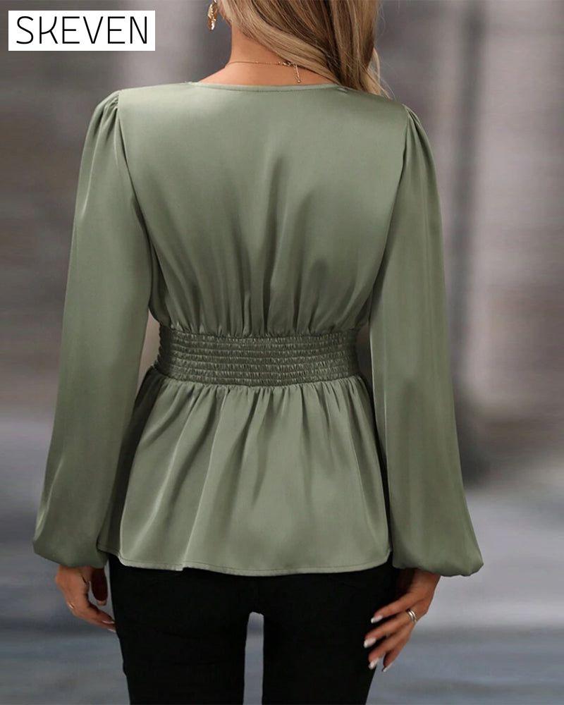 V-neck Puff Sleeve Waist Blouse