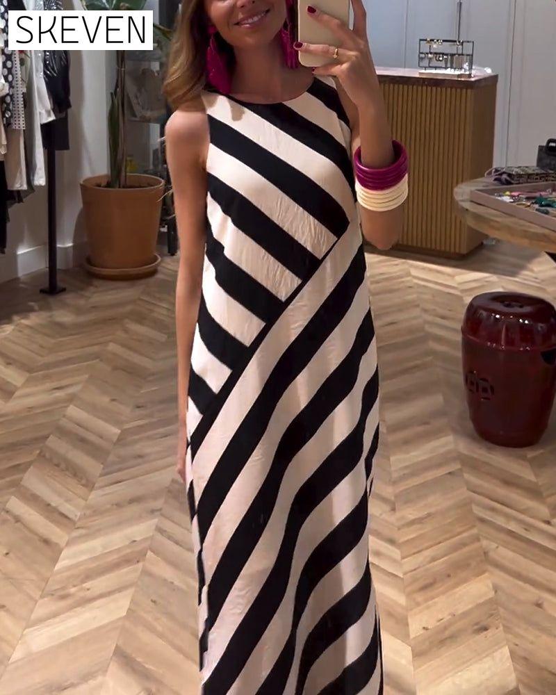 Contrast stripe print sleeveless slit dress