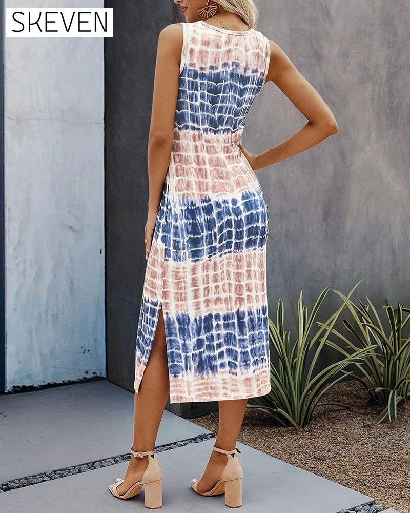 Ärmelloses Kleid mit Schlitz und Kontrastmuster