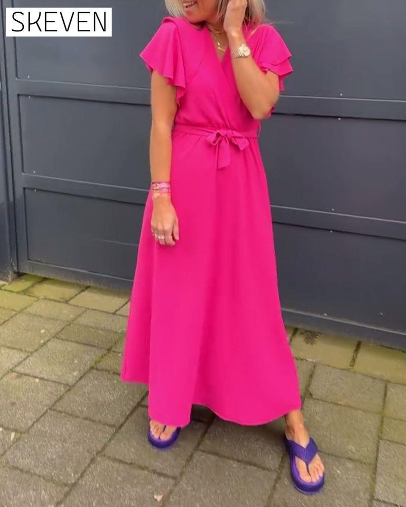 Solid Color Ruffle Sleeve Tie Long Dress