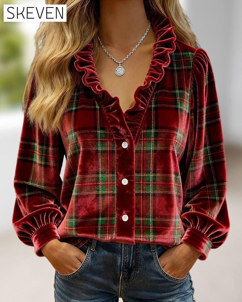 Ruffled V-Neck Velvet Top