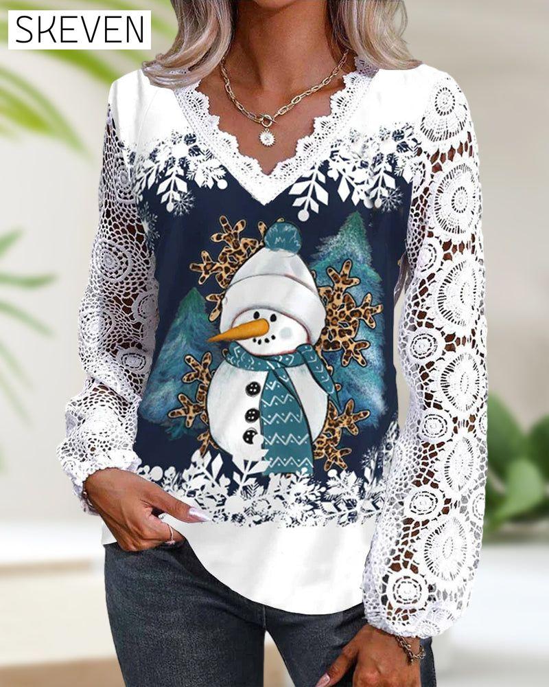 Langarmbluse mit Schneemannmotiv aus Spitze