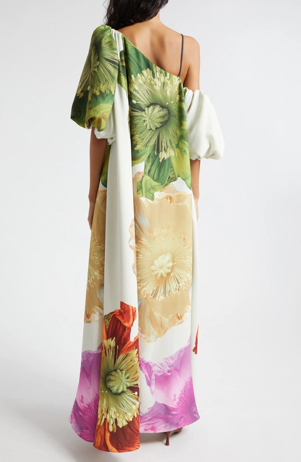 Floral Asymmetrical Neck Balloon Sleeve Maxi Dress