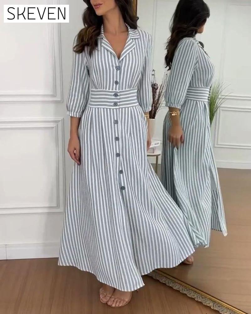 Stripe print lapel button elegant dress 202466 casual dresses spring summer