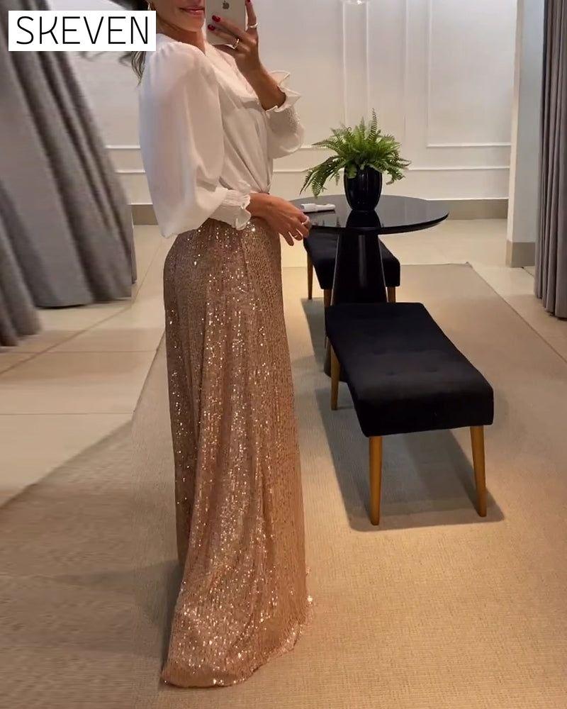Elegant solid color V-neck lantern sleeve blouse