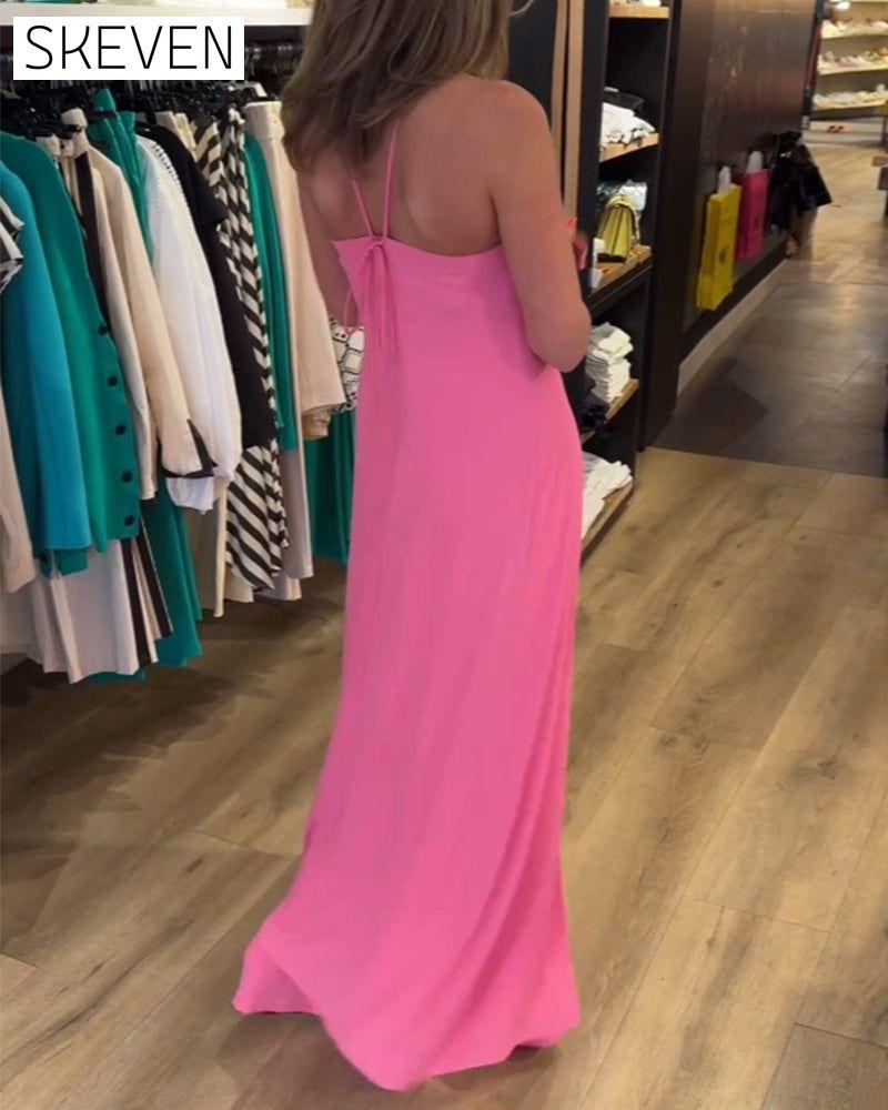 Halter neck slit solid color two piece set