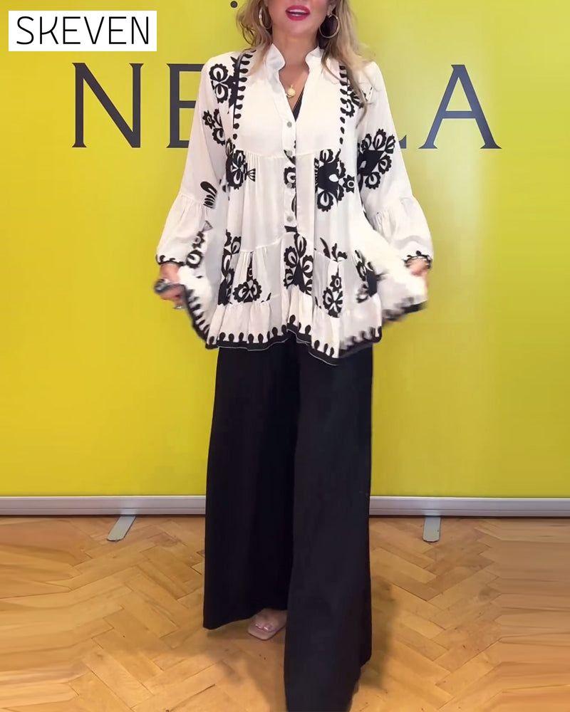 Printed V-neck buttoned elegant blouse White blouses & shirts spring summer