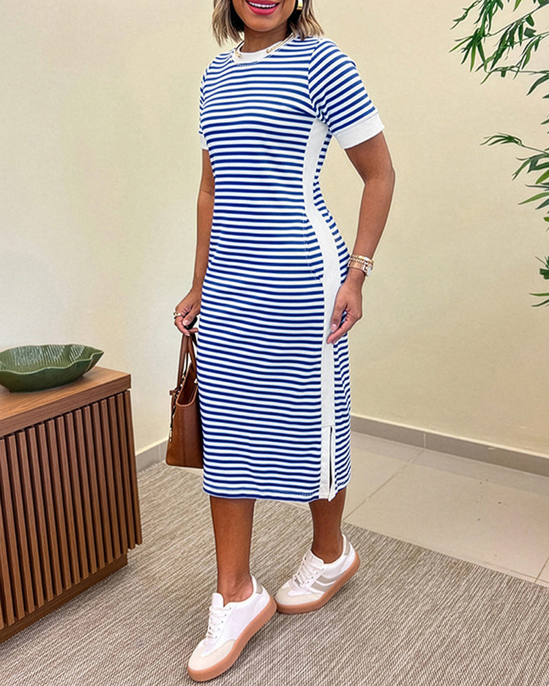 Crew Neck Striped Color Block Fitted Dress