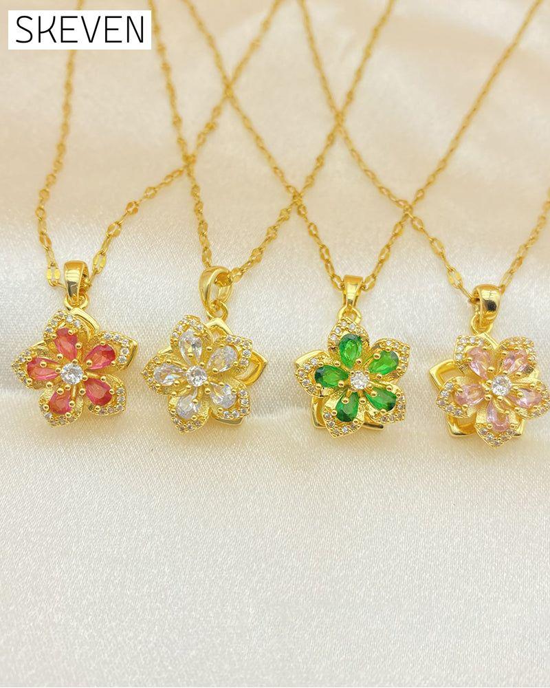 Five-petal flower 360° rotating pendant necklace