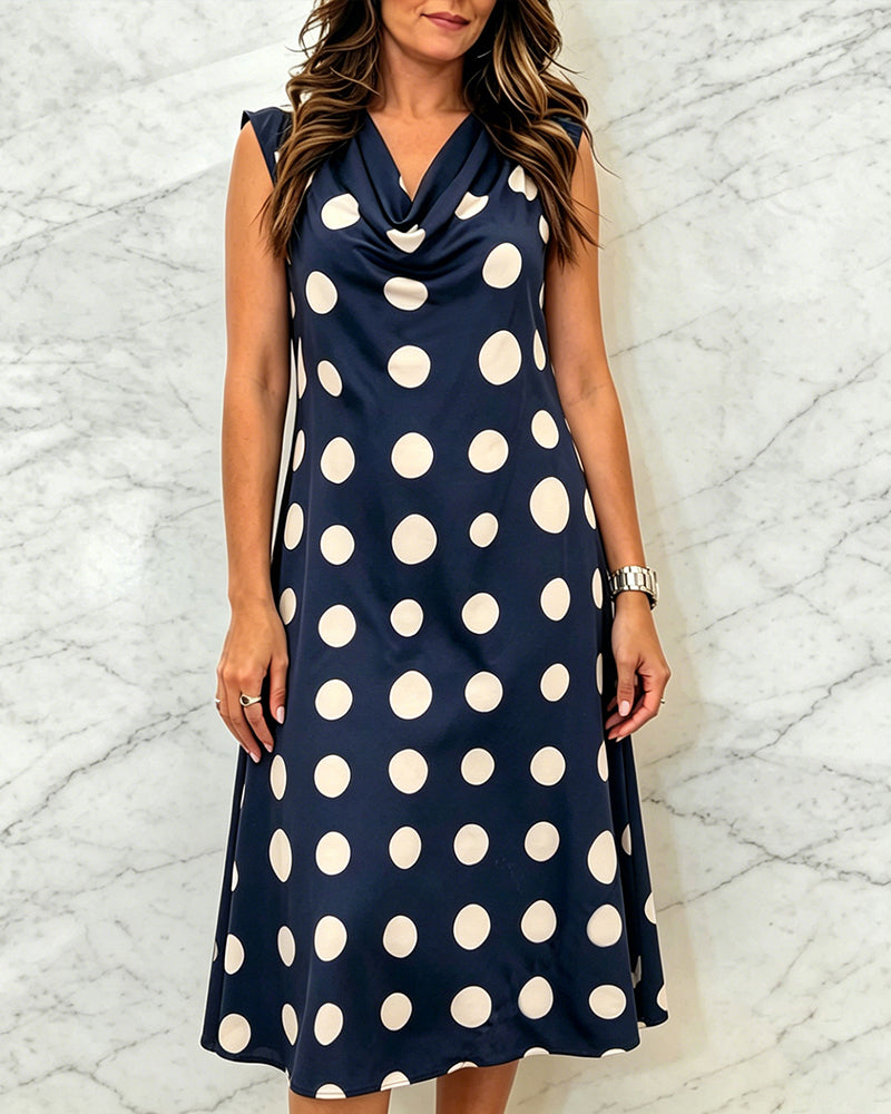 Sleeveless Pattern Polka Dot Cowl Neck Dress