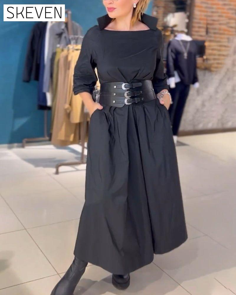 Elegant Solid Color Dress with Square Neck