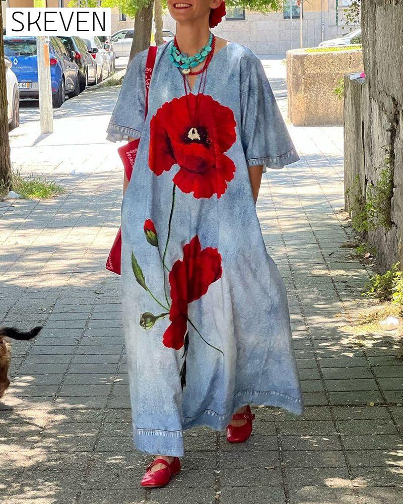 Casual floral print V-neck loose dress 202466 casual dresses spring summer