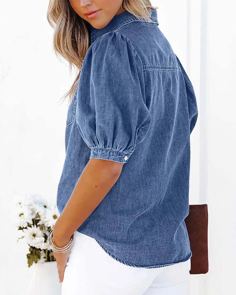 Snap Button Denim Lantern Sleeve Loose Shirt