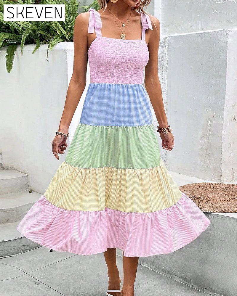 Contrast color patchwork suspender dress