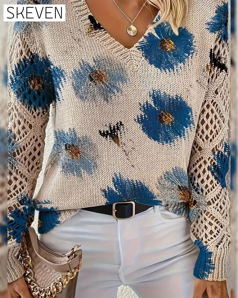 Long-Sleeved V-Neck Jacquard Pullover