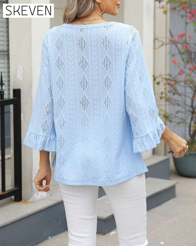 Diamond Check Hollow Trumpet Sleeve Top