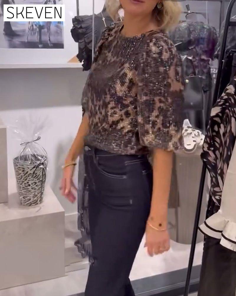 Lantern-Sleeve Sequined Leopard-Print Blouse