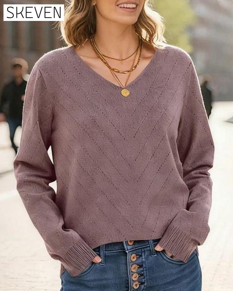 🔥Hot Sale Deals-V-Neck Pointelle Knit Pullover Sweat