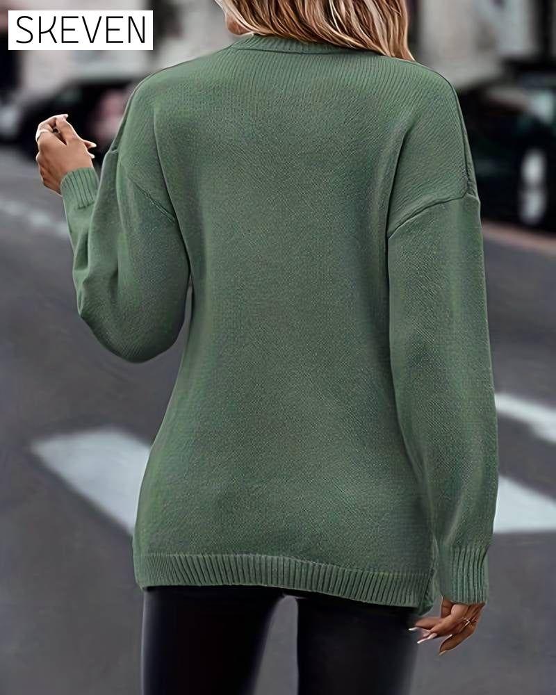 Solid Color Pullovers with V-Neck and Long-Sleeved