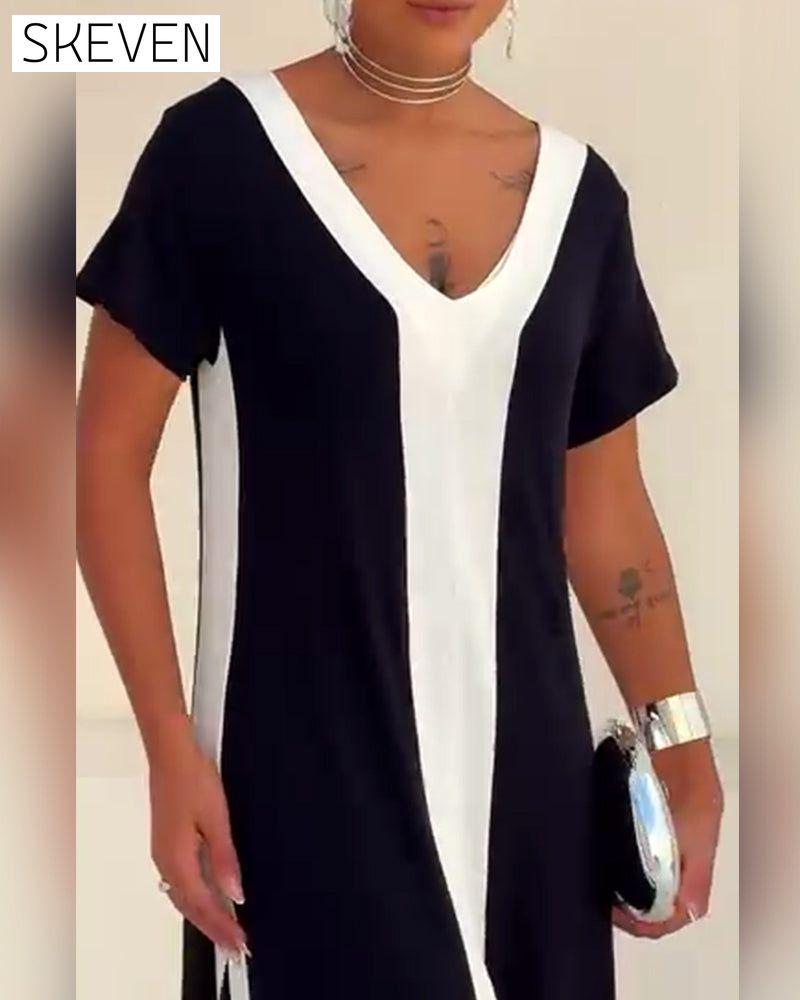 Temperament V-Neck Contrast Color Dress