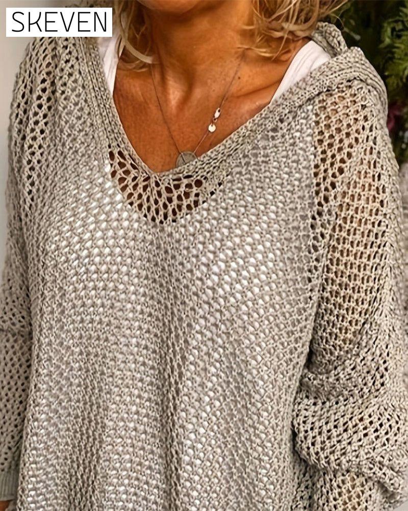 Damen Häkel-Kapuzenoberteile mit langen Ärmeln und Lochmuster