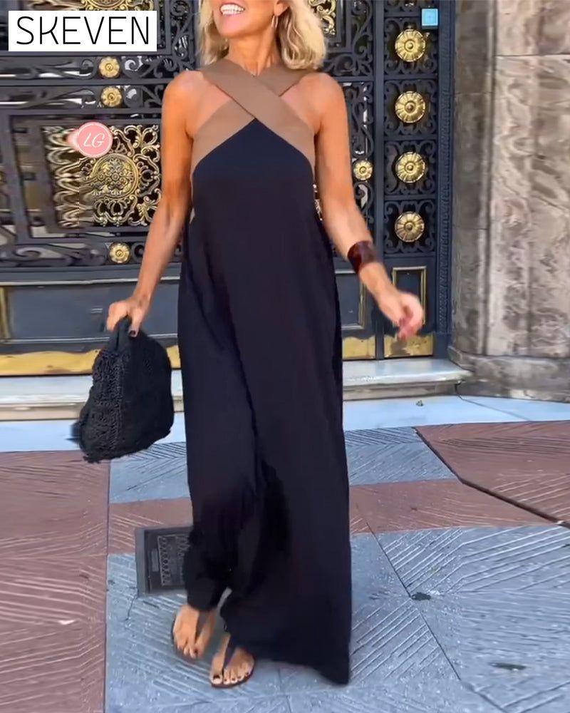 Elegantes Kleid mit gekreuztem Rückenausschnitt und Kontrastfarbe