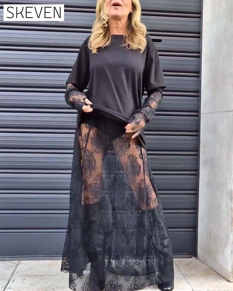 Ensemble deux pièces - t-shirt uni et jupe en dentelle