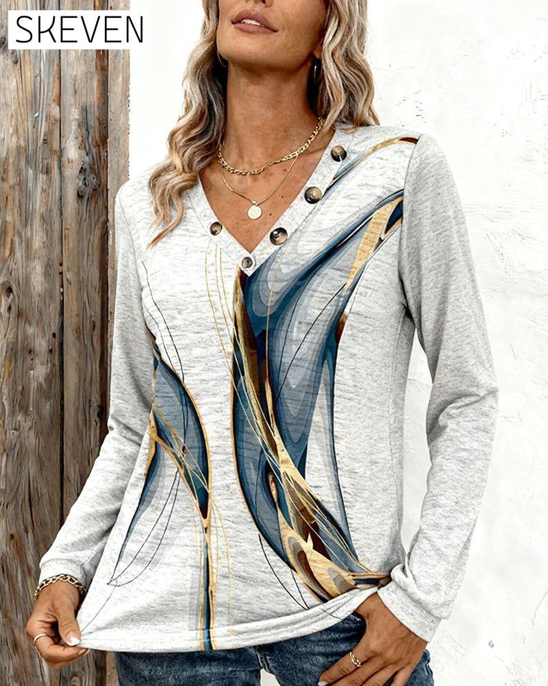 Printed V-Neck Long-Sleeved Casual Top