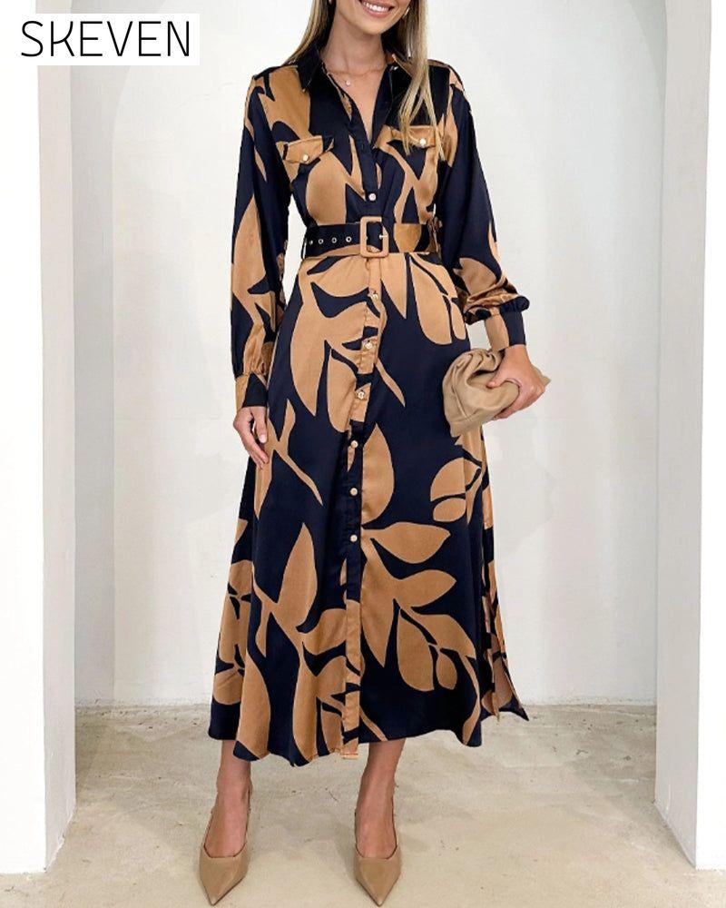 Elegant leaf print long sleeve lapel dress