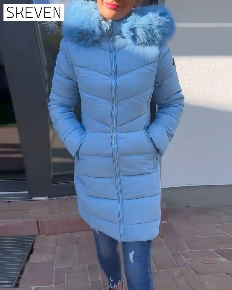 Casual solid color zipper pocket hooded padded jacket