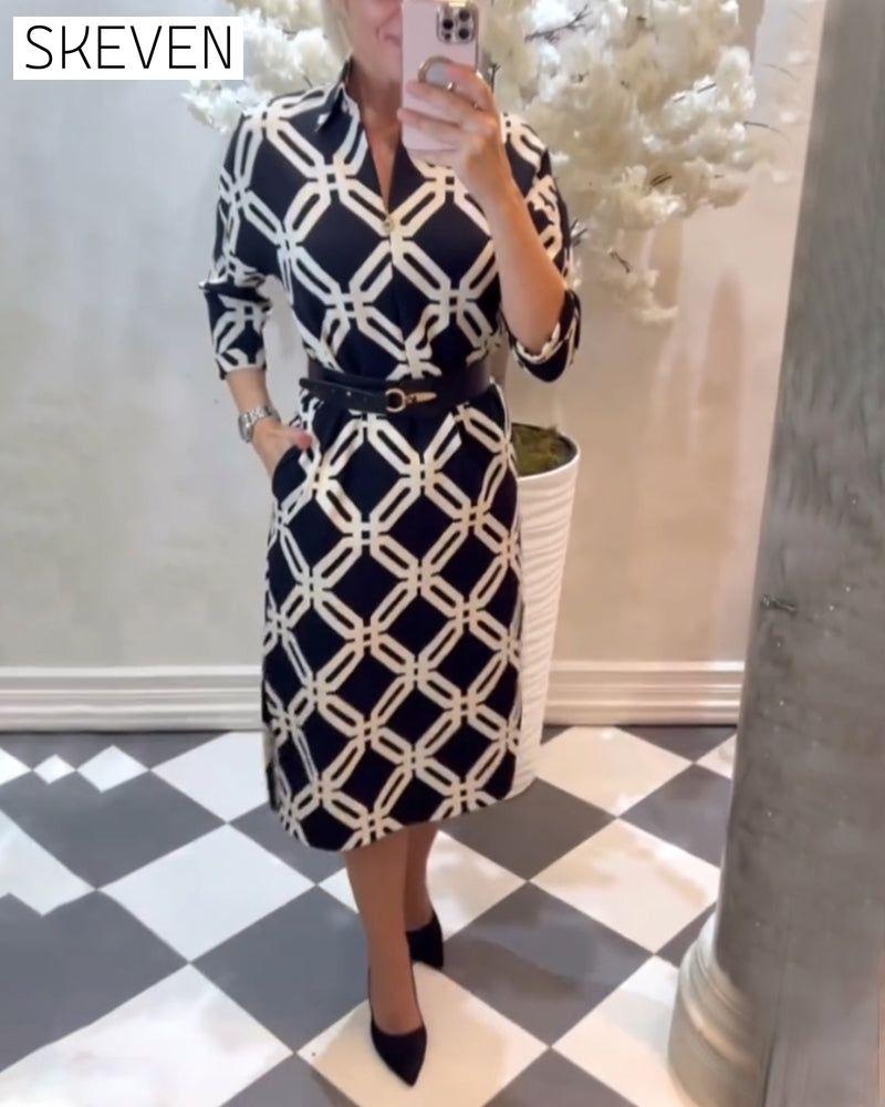 Geometric print side slit elegant dress