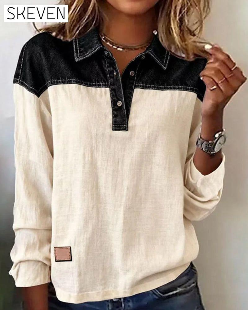 Casual Lapel Denim Patchwork Blouse