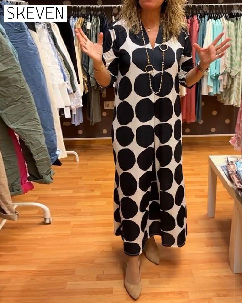 V-neck large polka dot slit long dress