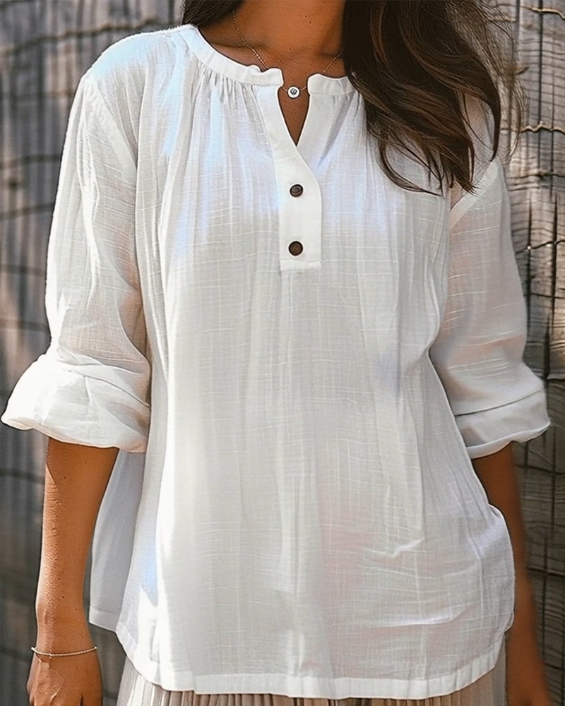 Solid Color Round Neck Long-Sleeved Blouse