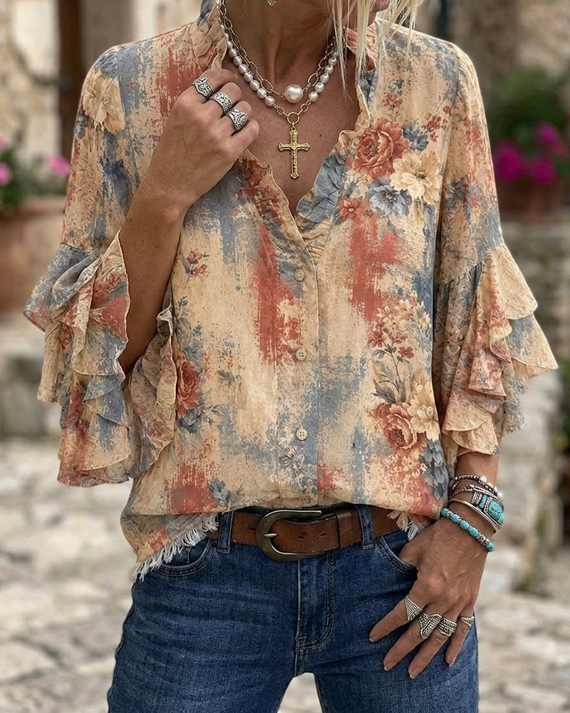 V-Neck Contrast Two-Tier Ruffle Blouse