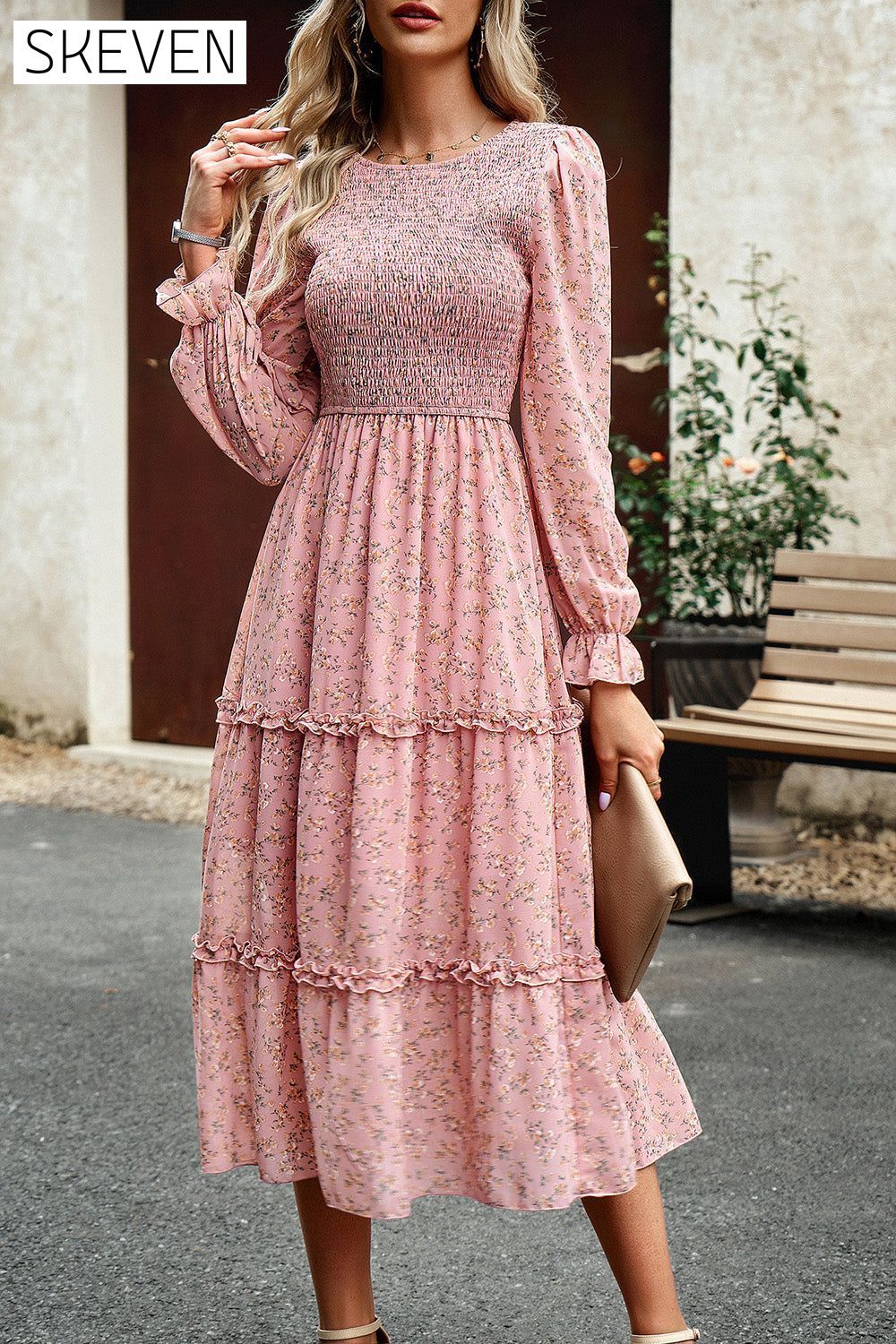 Smocked Flounce Sleeve Midi Dress clothes DY Ship From Overseas trendsi