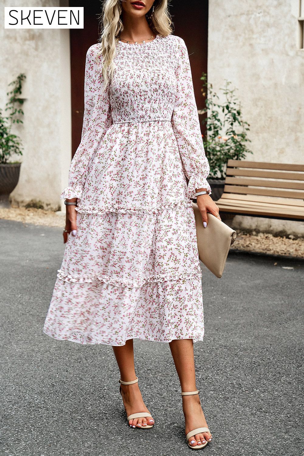 Smocked Flounce Sleeve Midi Dress Blush Pink clothes DY Ship From Overseas trendsi