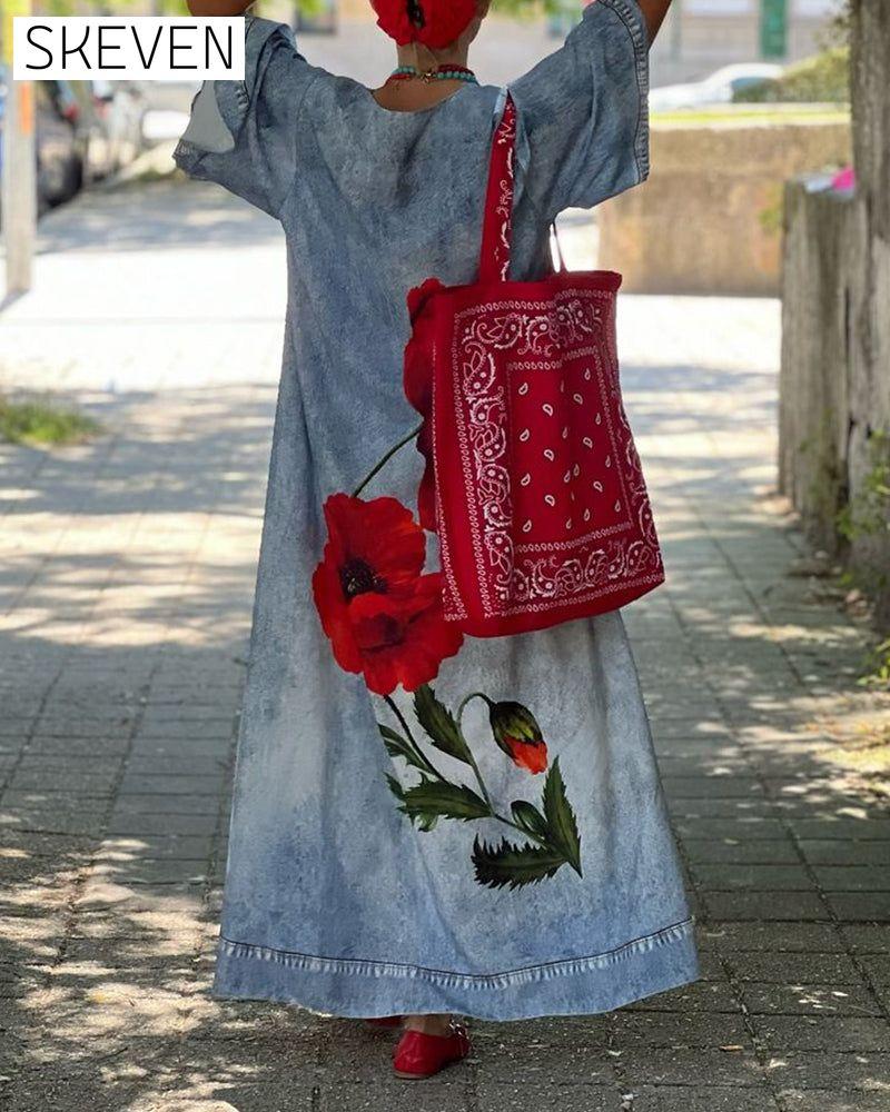 Casual floral print V-neck loose dress 202466 casual dresses spring summer