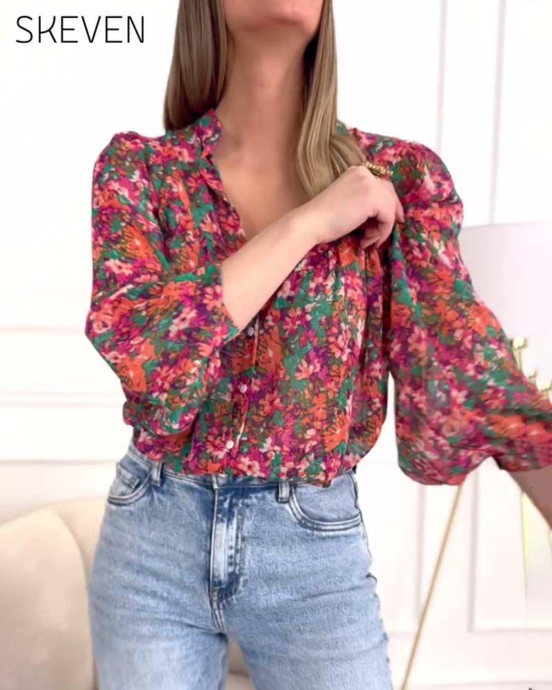 Puff-sleeve printed button-down shirt