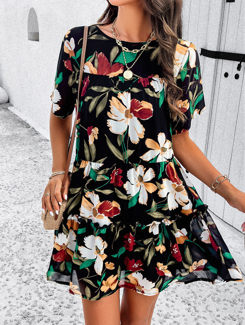 Floral Printed Tiered Tie-Back Mini Dress
