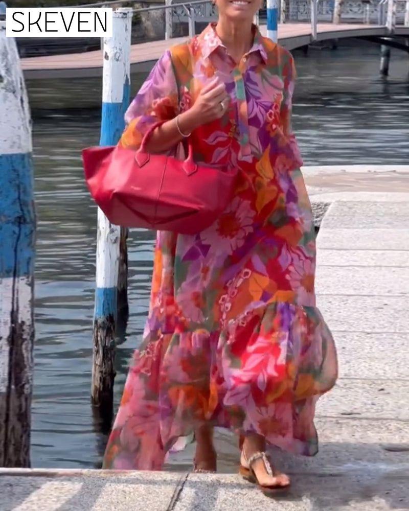 Colorful Printed Lantern Sleeve Loose Dress