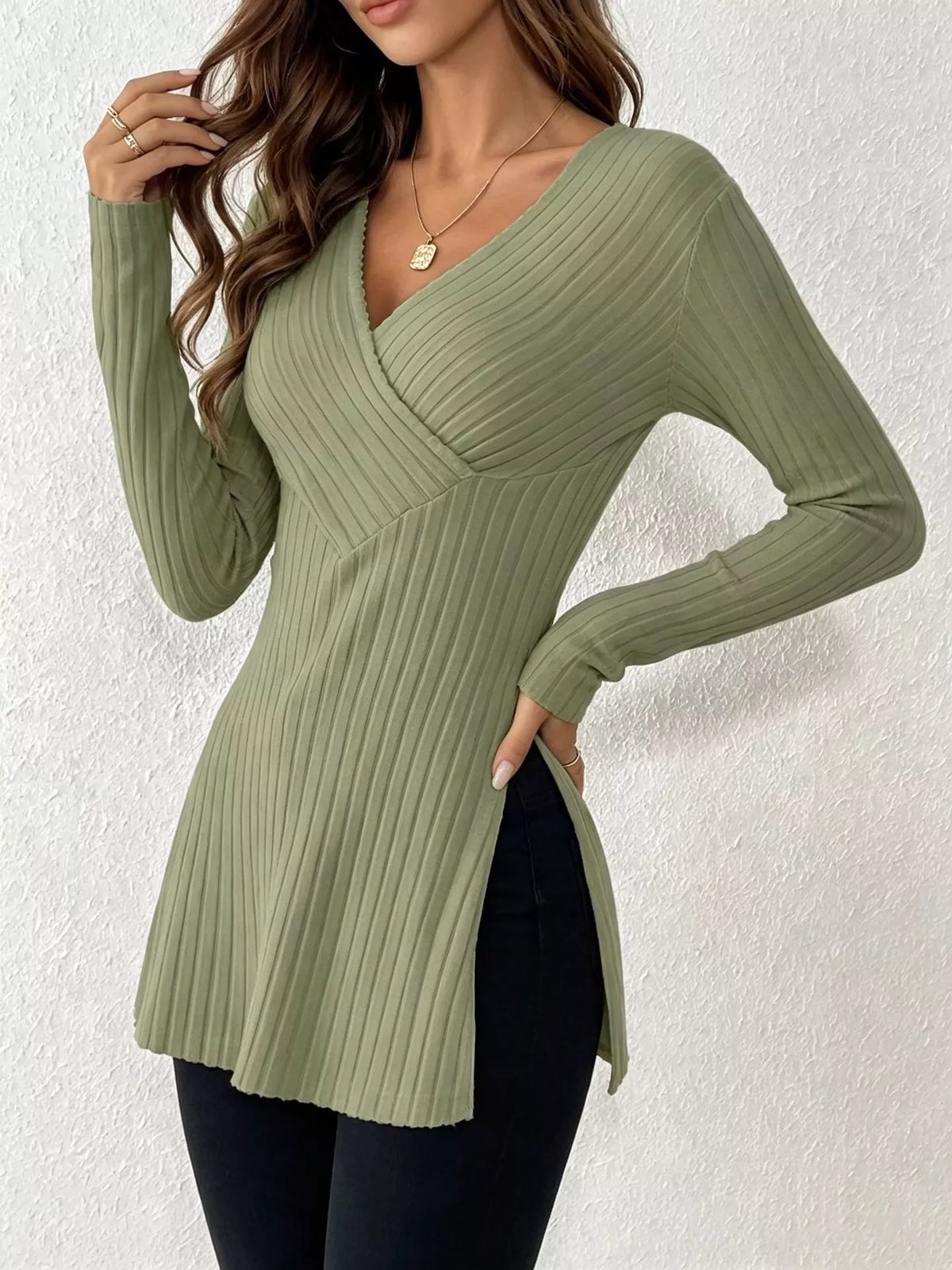 Ribbed Knit Long Sleeve Wrap T-Shirt with Side Slit