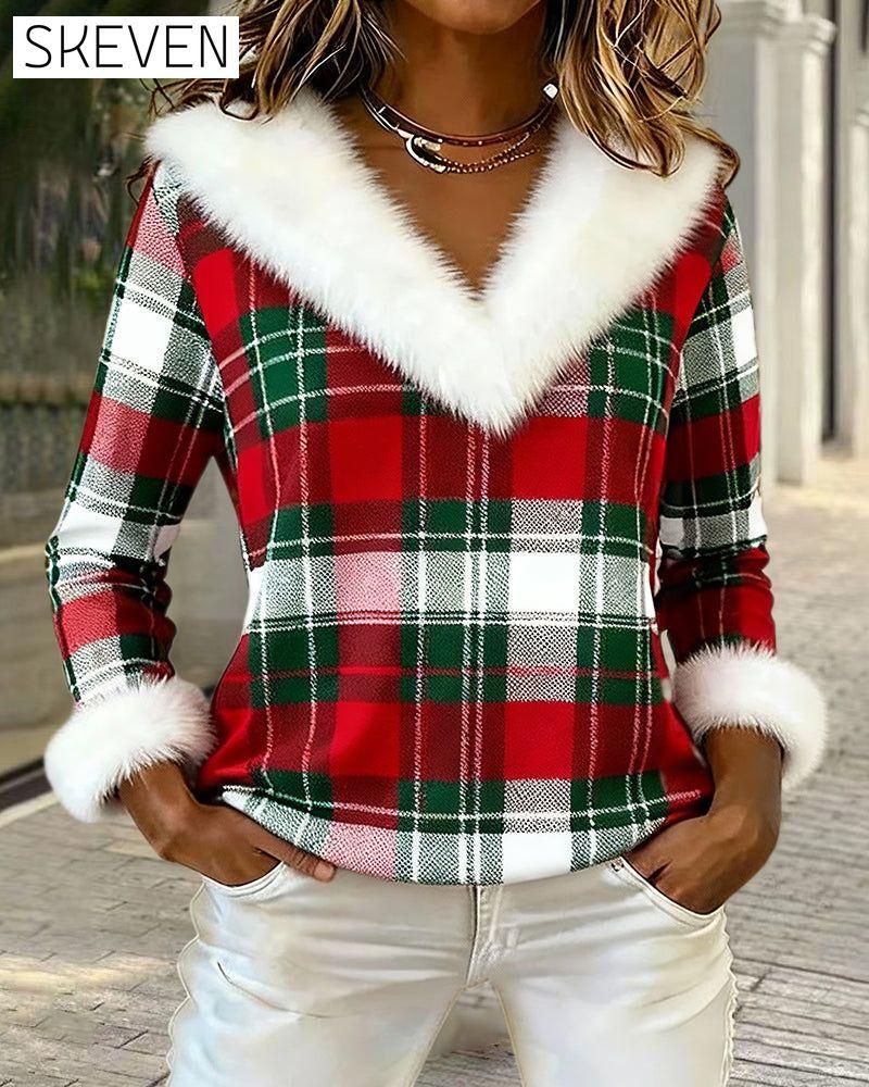 Plush V-Neck Plaid Patchwork Top