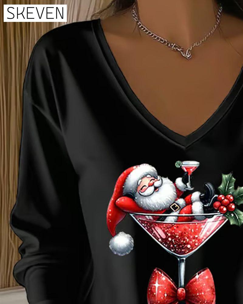Locker sitzendes Oberteil mit V-Ausschnitt und Weihnachtsmotiv (Weihnachtsweinglas-Print)