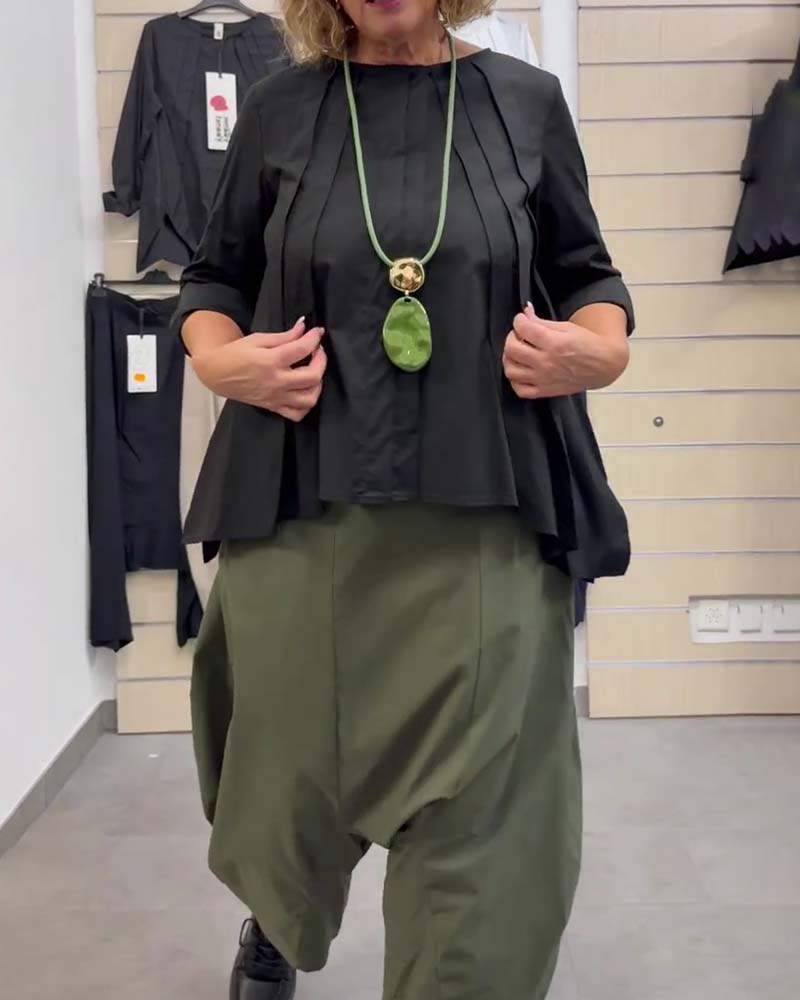 Irregular Hem Pleated Crew Neck Top