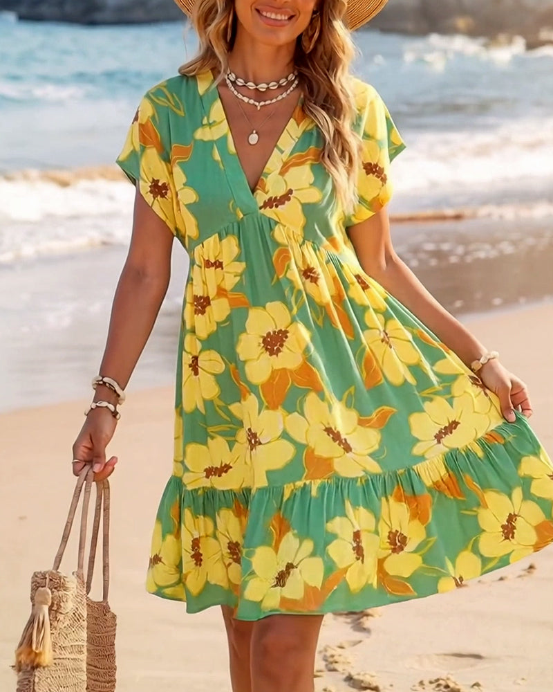 V-Neck Floral Print Babydoll Dress