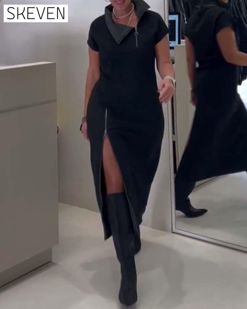 Robe décontractée asymétrique à col zippé et fente